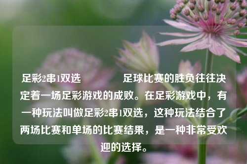 足彩2串1双选🥉足球比赛的胜负往往决定着一场足彩游戏的成败。在足彩游戏中，有一种玩法叫做足彩2串1双选，这种玩法结合了两场比赛和单场的比赛结果，是一种非常受欢迎的选择。