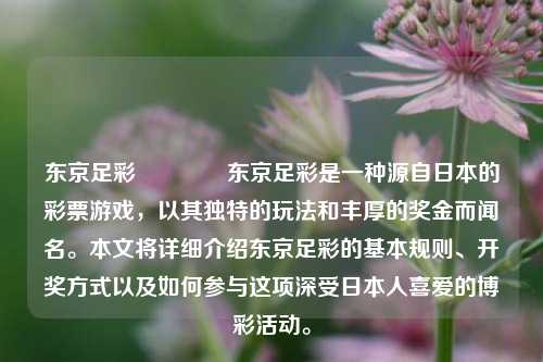 东京足彩👍东京足彩是一种源自日本的彩票游戏，以其独特的玩法和丰厚的奖金而闻名。本文将详细介绍东京足彩的基本规则、开奖方式以及如何参与这项深受日本人喜爱的博彩活动。