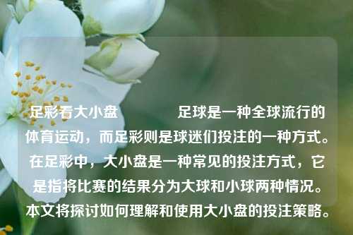 足彩看大小盘👍足球是一种全球流行的体育运动，而足彩则是球迷们投注的一种方式。在足彩中，大小盘是一种常见的投注方式，它是指将比赛的结果分为大球和小球两种情况。本文将探讨如何理解和使用大小盘的投注策略。