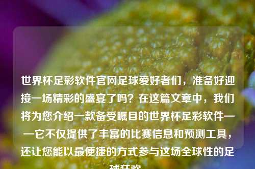 世界杯足彩软件官网足球爱好者们，准备好迎接一场精彩的盛宴了吗？在这篇文章中，我们将为您介绍一款备受瞩目的世界杯足彩软件——它不仅提供了丰富的比赛信息和预测工具，还让您能以最便捷的方式参与这场全球性的足球狂欢。