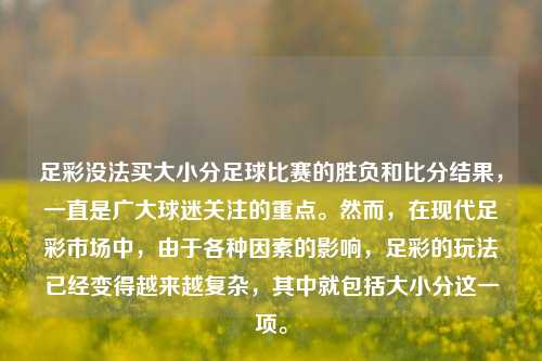 足彩没法买大小分足球比赛的胜负和比分结果，一直是广大球迷关注的重点。然而，在现代足彩市场中，由于各种因素的影响，足彩的玩法已经变得越来越复杂，其中就包括大小分这一项。