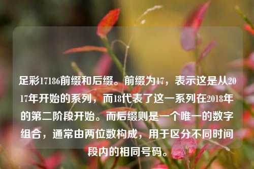 足彩17186前缀和后缀。前缀为17，表示这是从2017年开始的系列，而18代表了这一系列在2018年的第二阶段开始。而后缀则是一个唯一的数字组合，通常由两位数构成，用于区分不同时间段内的相同号码。