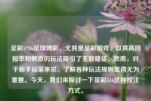 足彩5*16足球博彩，尤其是足彩游戏，以其高回报率和刺激的玩法吸引了无数赌徒。然而，对于新手玩家来说，了解各种玩法规则显得尤为重要。今天，我们来探讨一下足彩516这种投注方式。