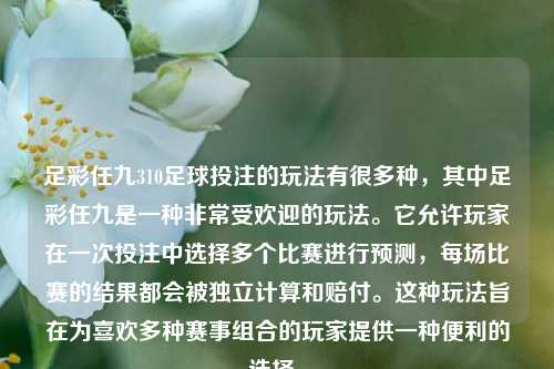足彩任九310足球投注的玩法有很多种，其中足彩任九是一种非常受欢迎的玩法。它允许玩家在一次投注中选择多个比赛进行预测，每场比赛的结果都会被独立计算和赔付。这种玩法旨在为喜欢多种赛事组合的玩家提供一种便利的选择。