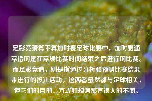 足彩竞猜算不算加时赛足球比赛中，加时赛通常指的是在常规比赛时间结束之后进行的比赛。而足彩竞猜，则是指通过分析和预测比赛结果来进行的投注活动。这两者虽然都与足球相关，但它们的目的、方式和规则都有很大的不同。