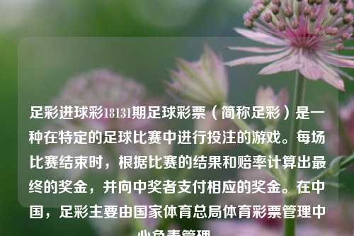 足彩进球彩18131期足球彩票（简称足彩）是一种在特定的足球比赛中进行投注的游戏。每场比赛结束时，根据比赛的结果和赔率计算出最终的奖金，并向中奖者支付相应的奖金。在中国，足彩主要由国家体育总局体育彩票管理中心负责管理。